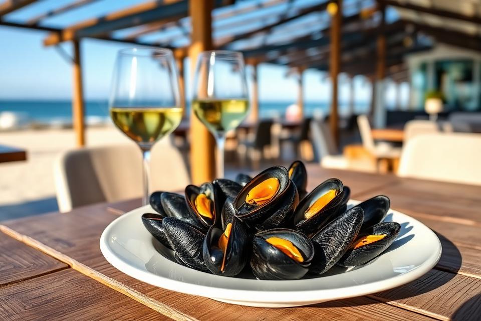 Bord verse Zeeuwse mosselen op een tafel bij een strandpaviljoen