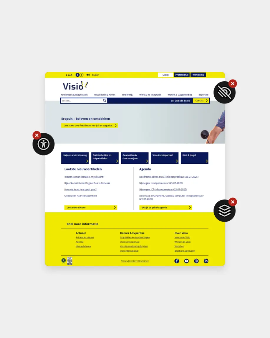 Visio-website met toegankelijkheidsopties, contrast en icoon-overlays