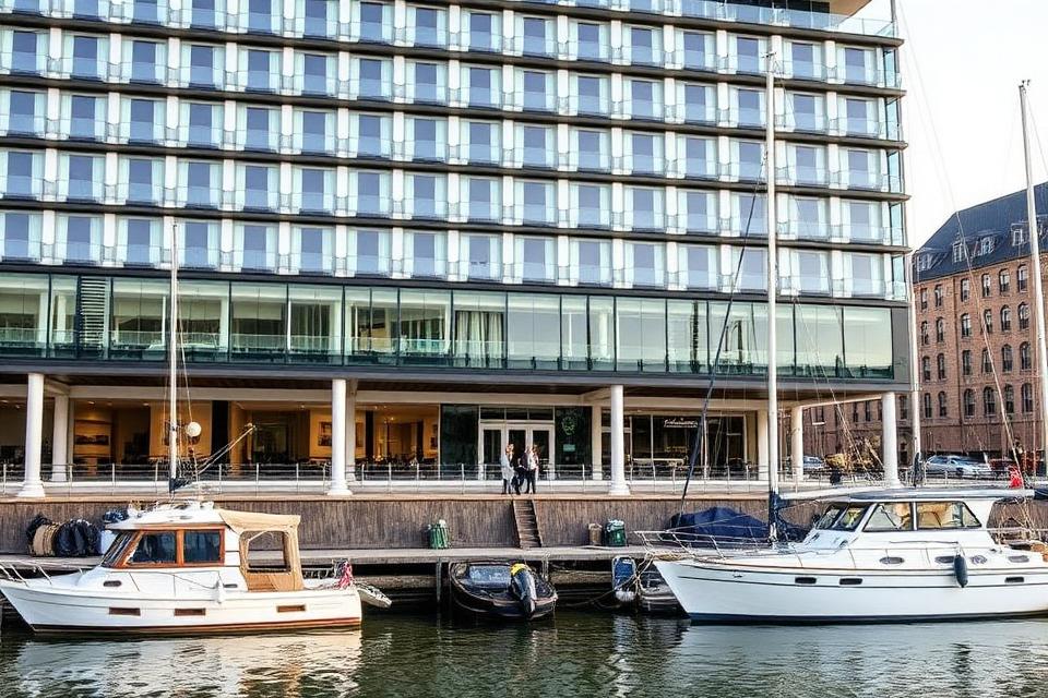 Modern hotel aan de kade met afgemeerde boten in de haven