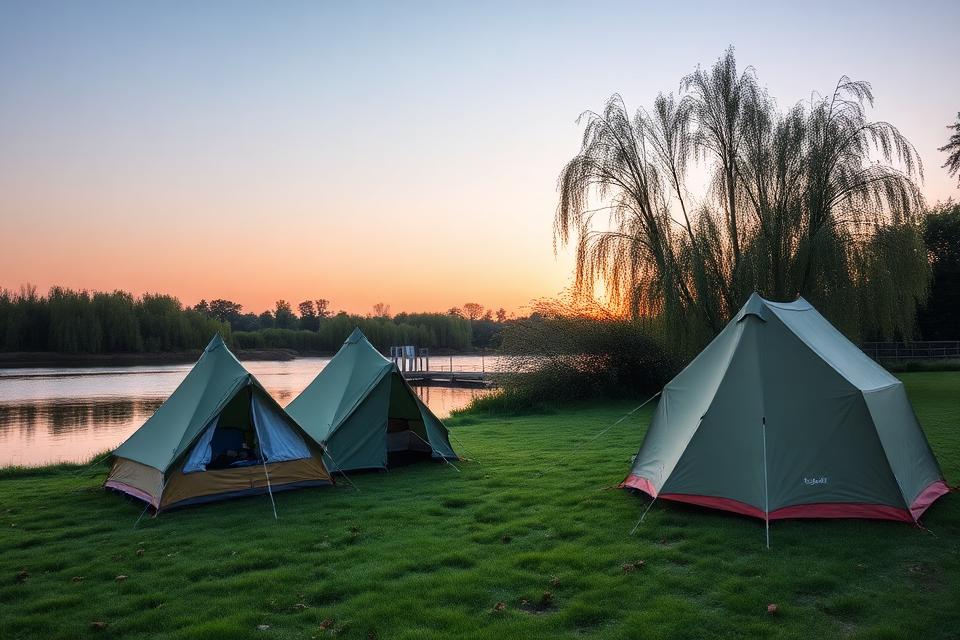 Tenten op een grasveld aan het water tijdens de avondschemering