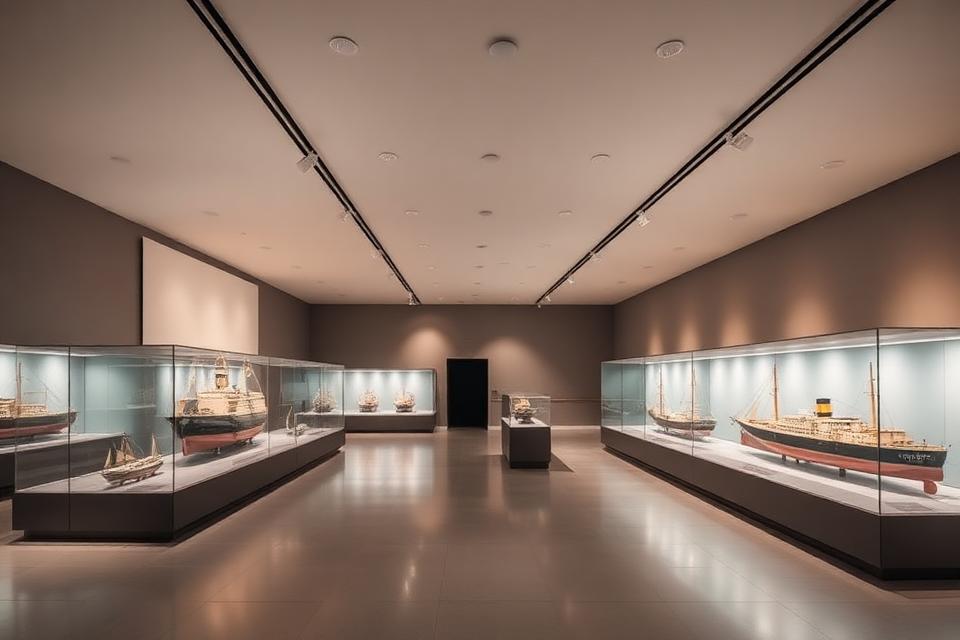 Museumzaal met scheepsmodellen in verlichte vitrines