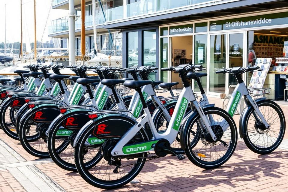 Rij e-bikes klaar voor verhuur bij een winkel aan de haven