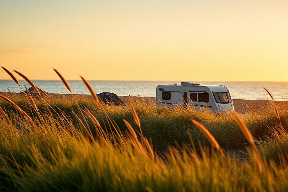 Camping achter de duinen met uitzicht op zee bij zonsondergang