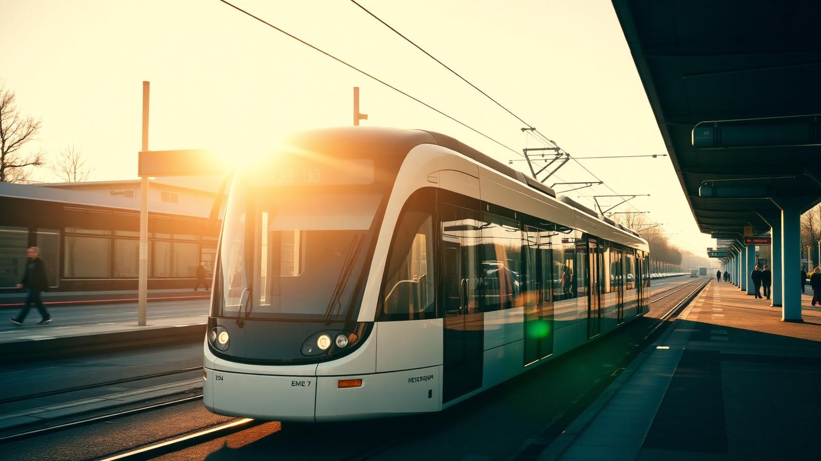 Moderne lightrail-tram bij een Nederlands station in de ochtendzon